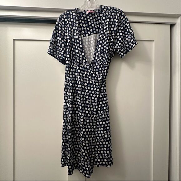 Lilly Pulitzer Downie Blue and White Citrus Fruit Wrap Dress 100% Silk Size 14 - Picture 1 of 11